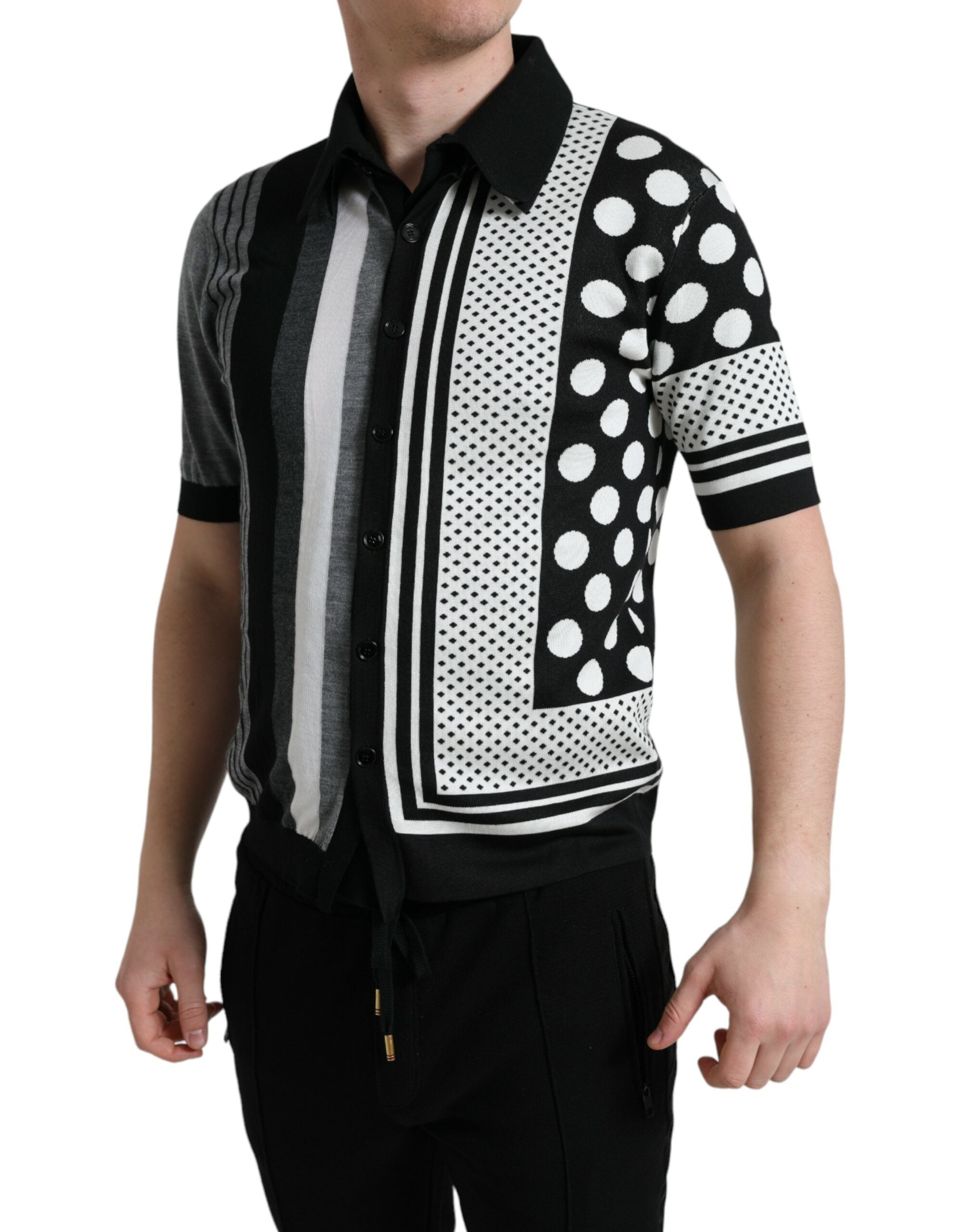 Pull à manches longues Dolce & Gabbana noir et blanc, cardigan polo en laine avec motif élégant, parfait pour un style sophistiqué.