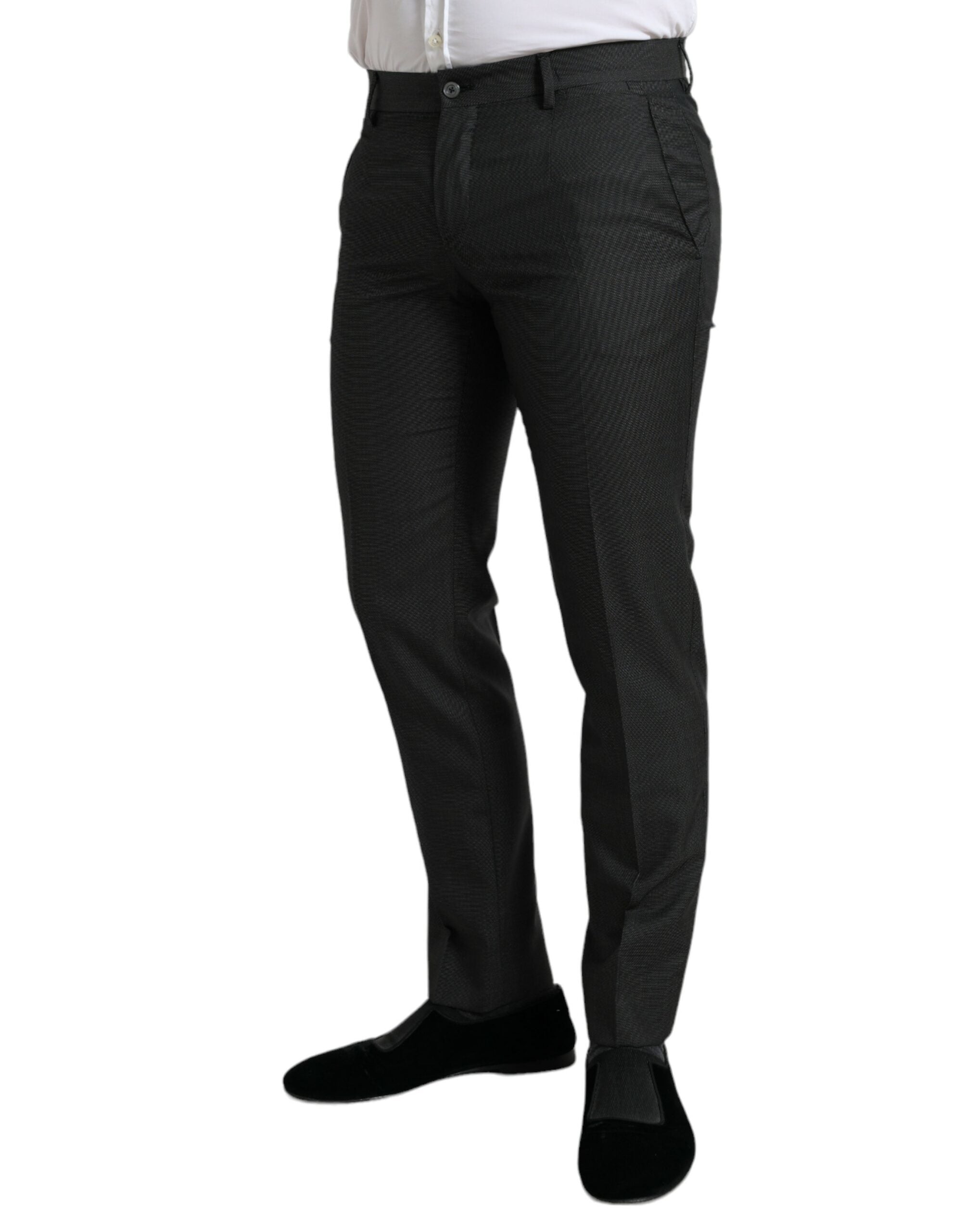 Pantalon slim formel gris foncé Dolce & Gabbana en tissu stretch, vue de face avec détails élégants.