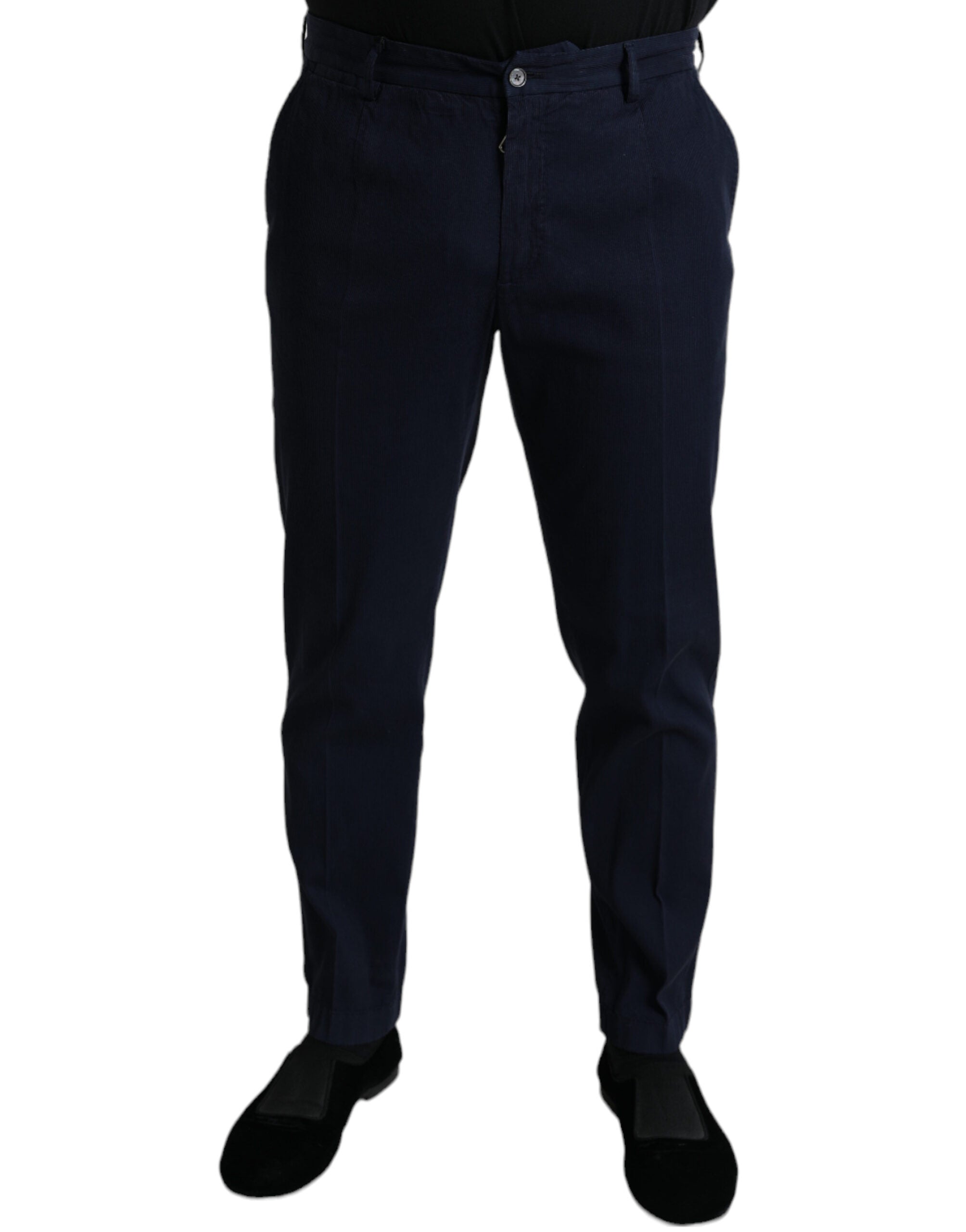 Pantalon habillé homme Dolce & Gabbana en coton bleu foncé, coupe slim ajustée, style élégant et moderne.