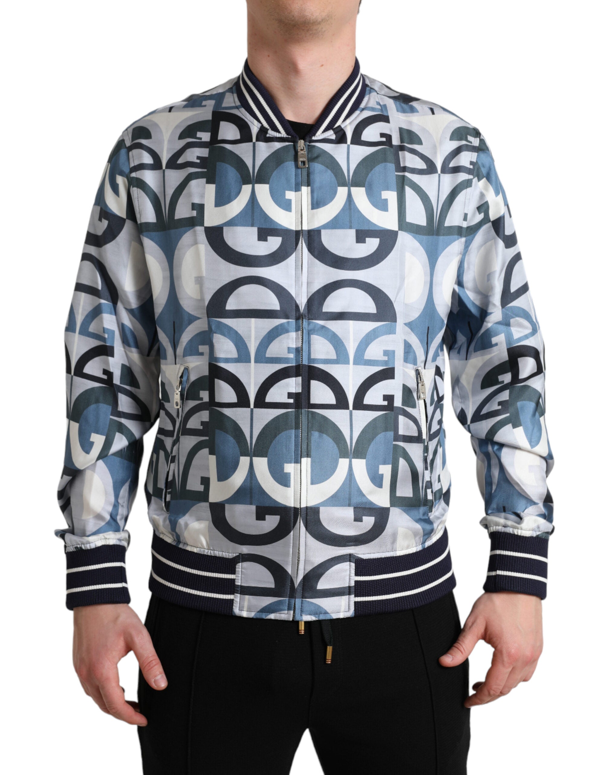 Veste bomber Dolce & Gabbana à logo multicolore, motif imprimé, avec col et poignets en tissu, style tendance et moderne.