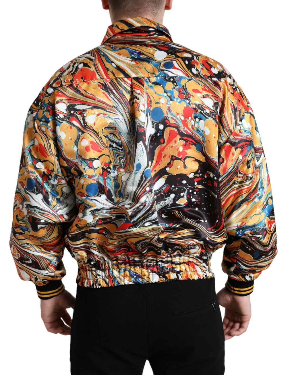 Veste bomber en polyester multicolore à motif abstrait de Dolce & Gabbana, vue de face.