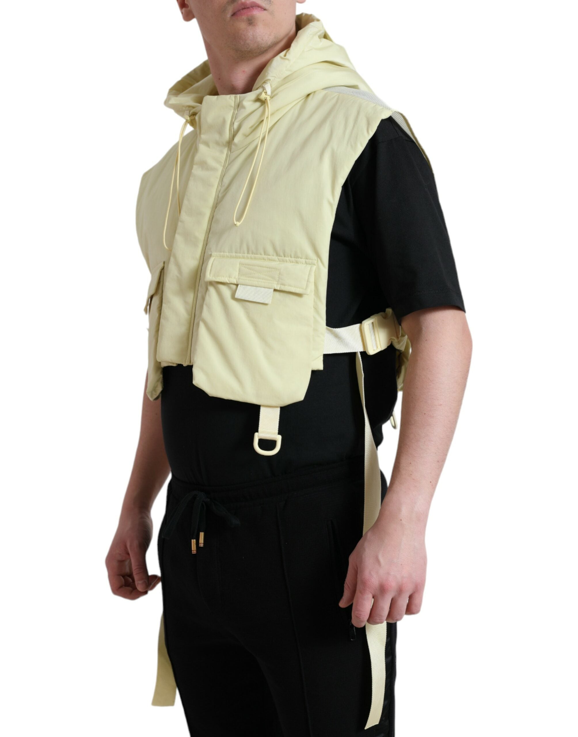Veste sans manches de sport en nylon jaune avec capuche de Dolce & Gabbana, vêtement décontracté pour homme.
