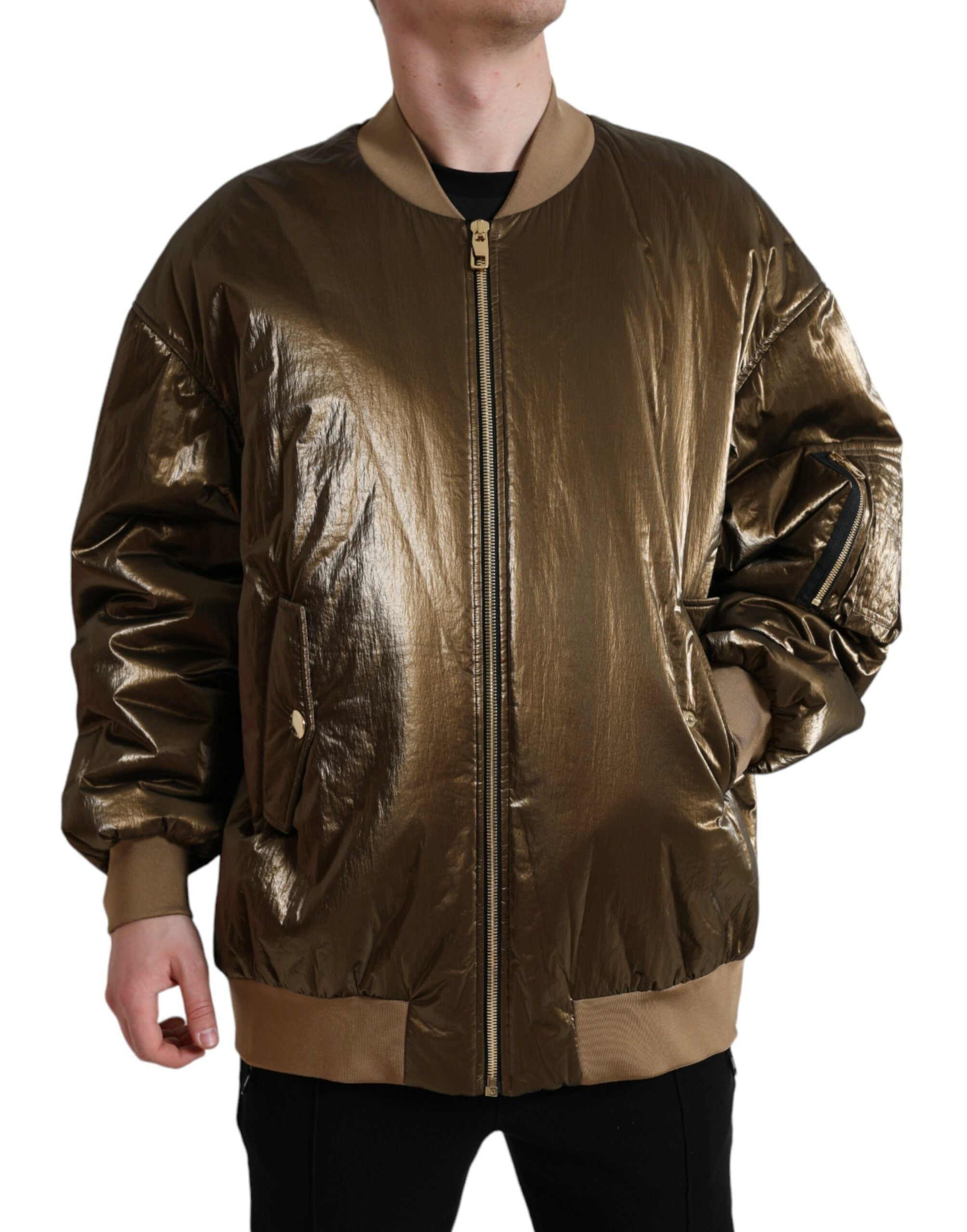 Veste bomber homme Dolce & Gabbana en nylon bronze avec zip complet, style moderne et décontracté.