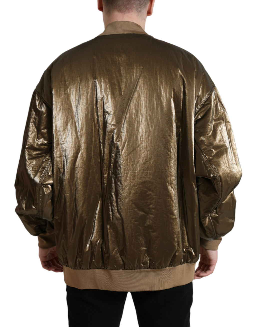 Veste bomber homme en nylon bronze de Dolce & Gabbana avec fermeture éclair complète, style élégant et moderne.