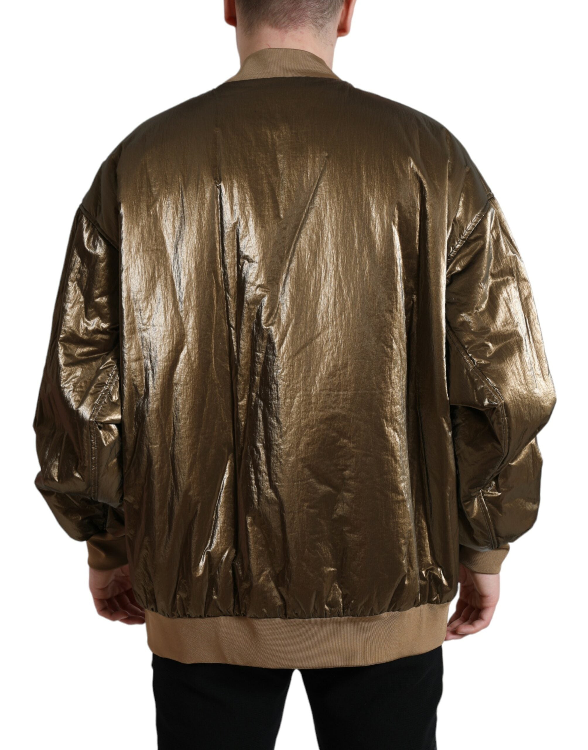Veste bomber homme en nylon bronze de Dolce & Gabbana avec fermeture éclair complète, style élégant et moderne.