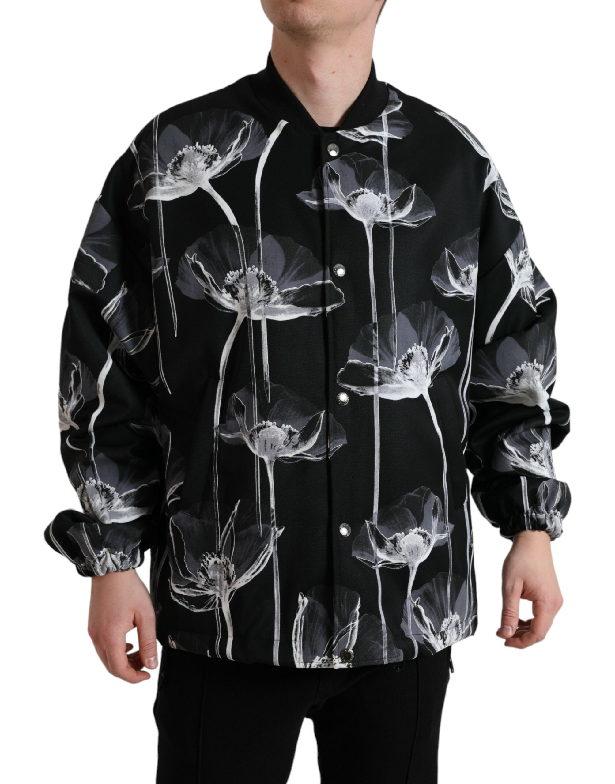 Veste bomber en laine noire à imprimé floral Dolce & Gabbana, boutonnière, style élégant et tendance.