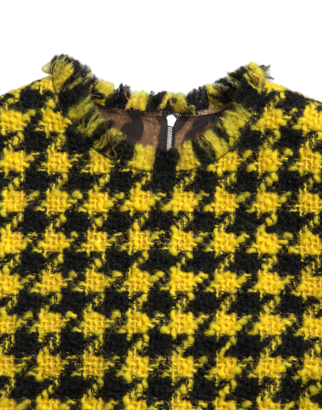 Robe sans manches à carreaux houndstooth jaune Dolce & Gabbana, coupe évasée et style mini, vue de face.