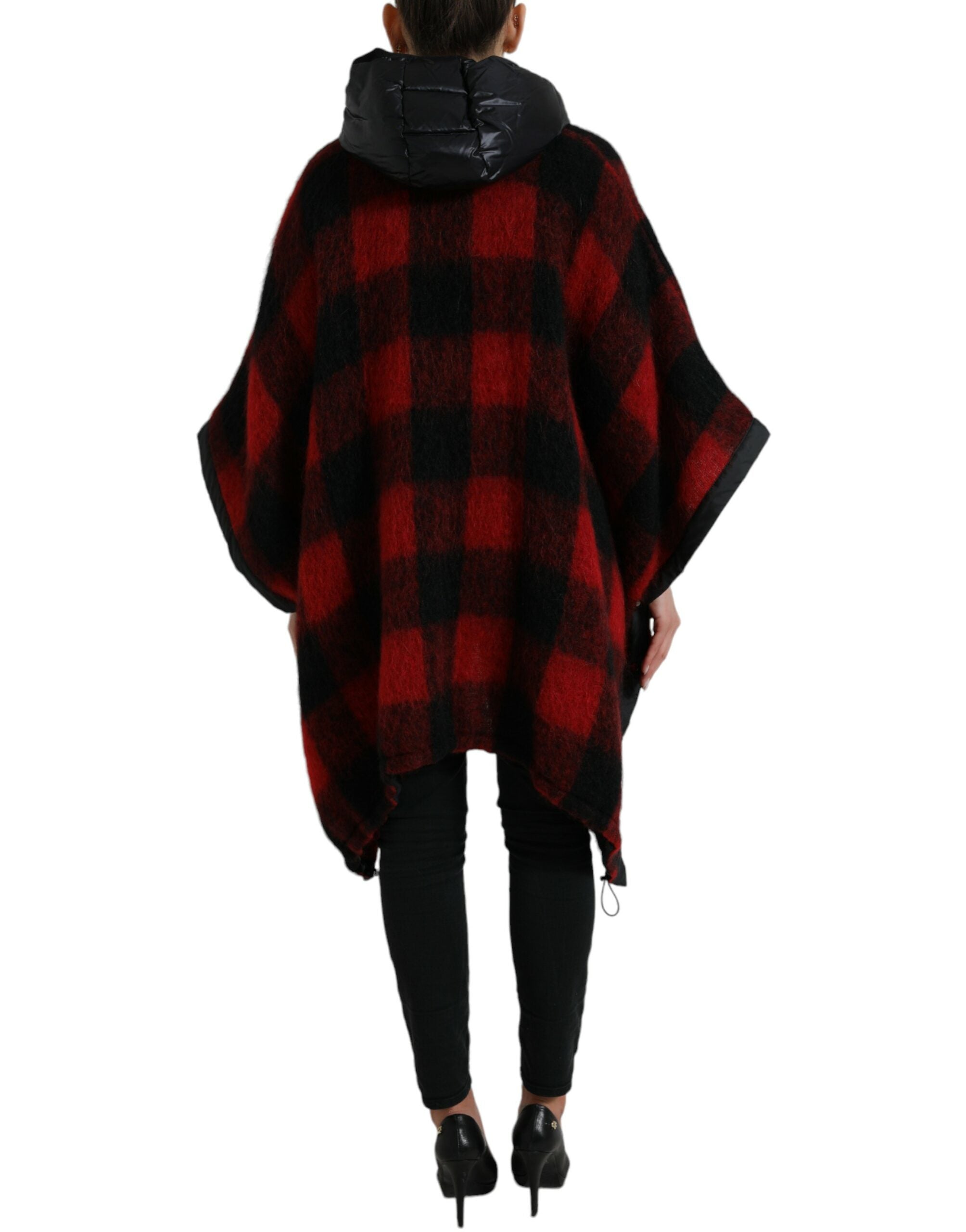 Poncho à capuche Dolce & Gabbana en tissu écossais noir et rouge, veste tendance avec motif Buffalo Check.