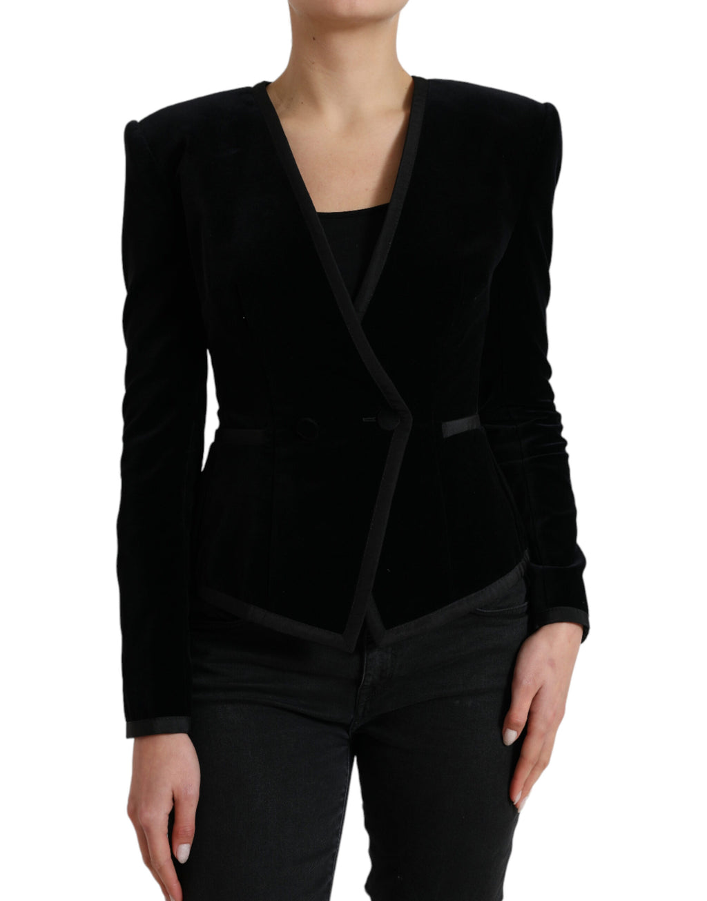 Veste en velours noir Dolce & Gabbana en coton à double boutonnage, style élégant et sophistiqué.