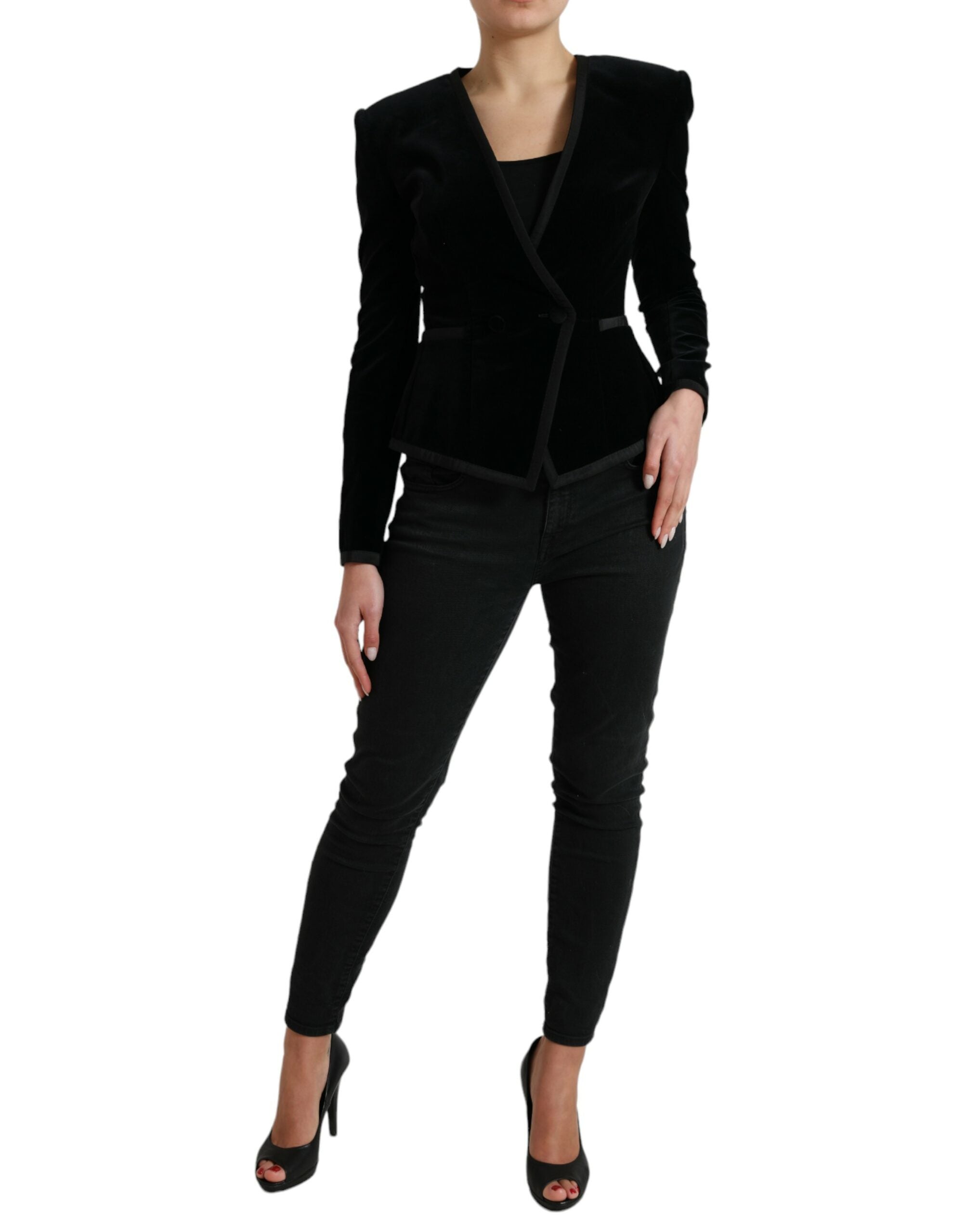 Veste en velours noir Dolce & Gabbana en coton à double boutonnage, élégante et sophistiquée, vue sur le produit.