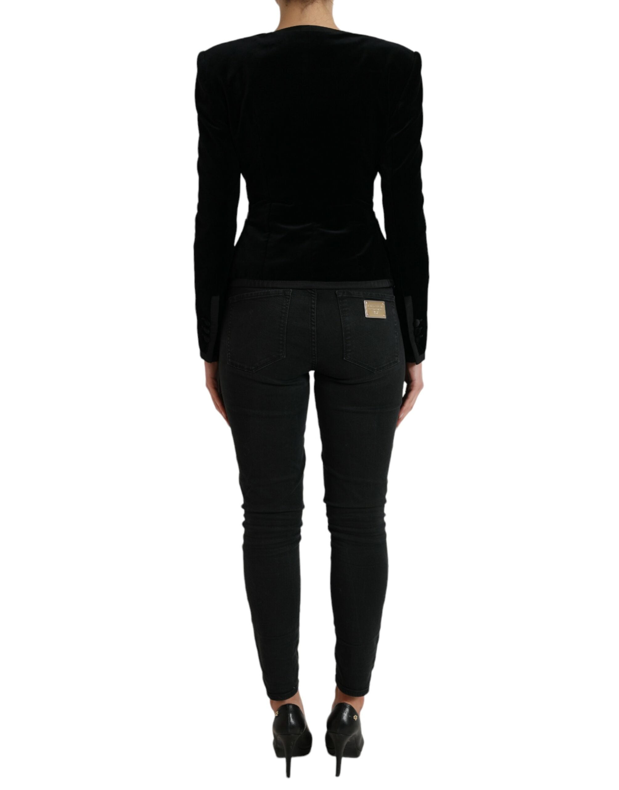 Veste en velours noir de coton Dolce & Gabbana, double boutonnage, élégante et sophistiquée, vue de face.