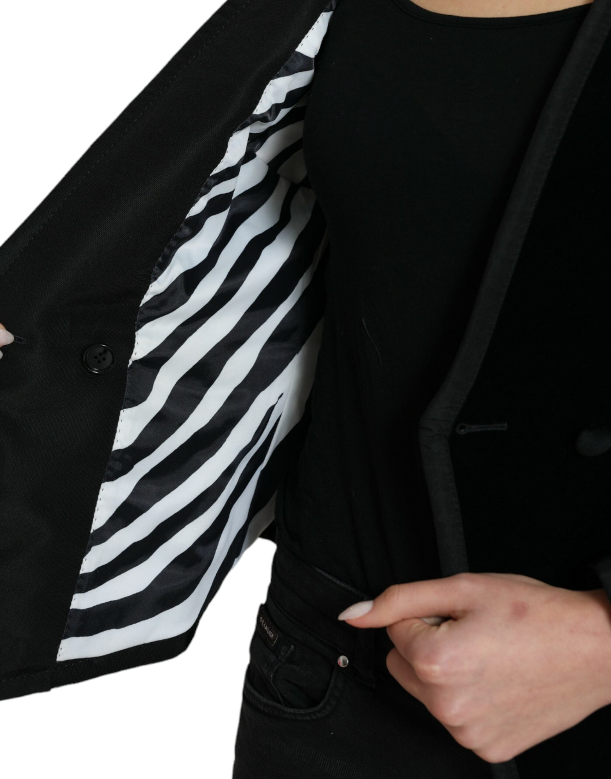 Veste en velours noir Dolce & Gabbana en coton à double boutonnage, élégante et sophistiquée, vue en gros plan.