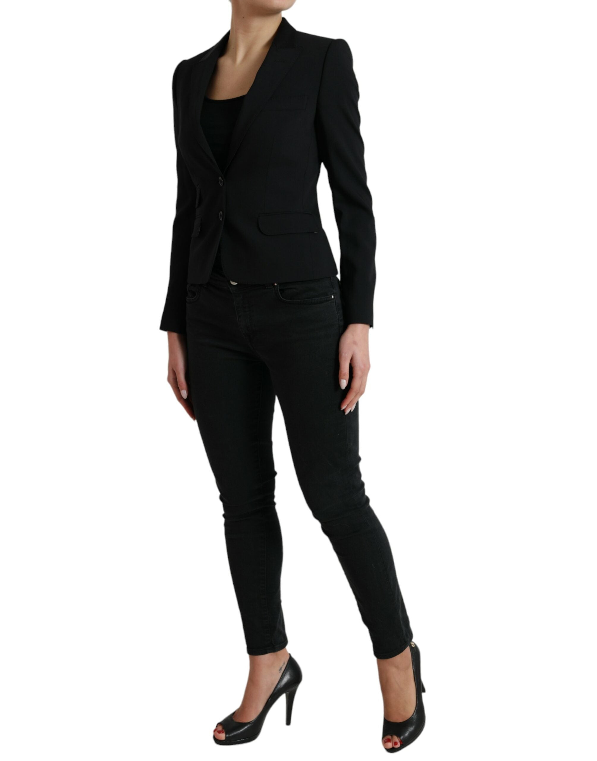 Veste blazer en laine noire Dolce & Gabbana à double boutonnage, coupe classique et élégante.