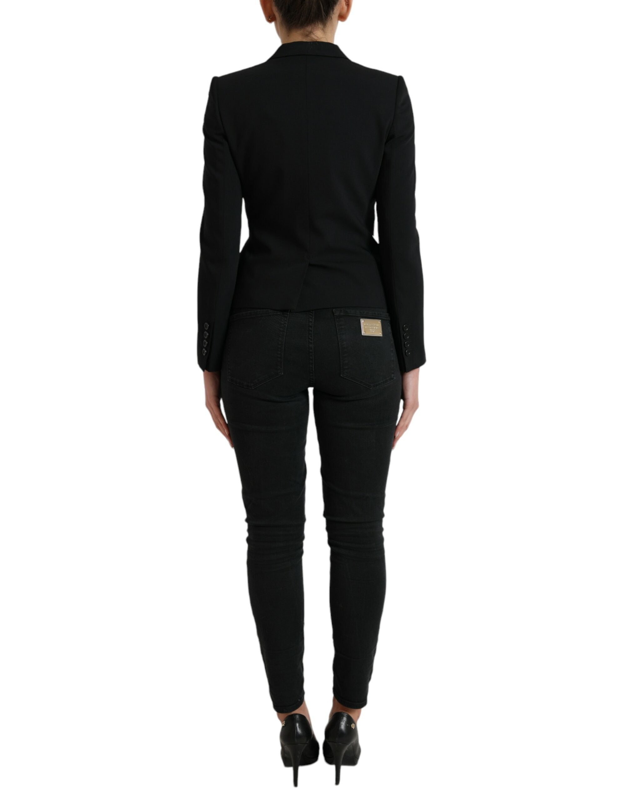 Blazer en laine noire Dolce & Gabbana, veste à un bouton, coupe élégante, porté sur un mannequin.
