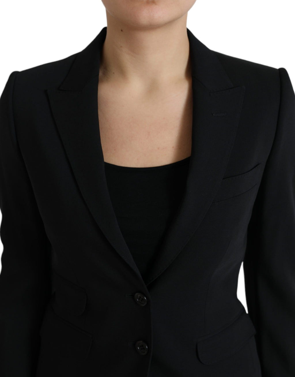 Veste blazer noir en laine Dolce & Gabbana, coupe simple boutonnage croisé, style élégant et classique.