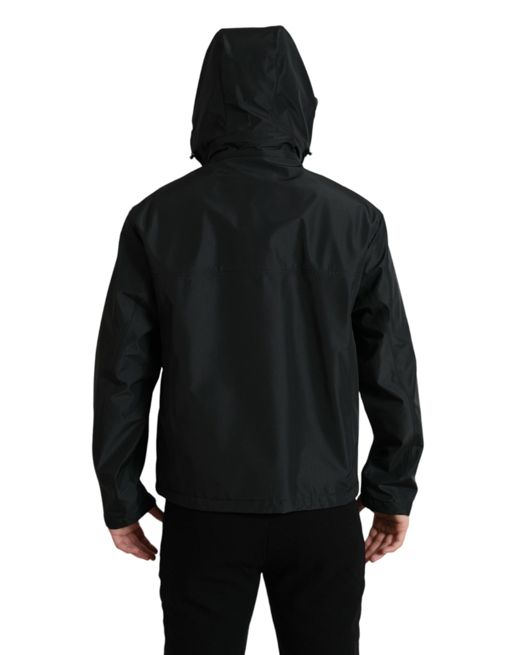Veste à capuche en polyester noir Dolce & Gabbana avec plaque logo, style décontracté et moderne.
