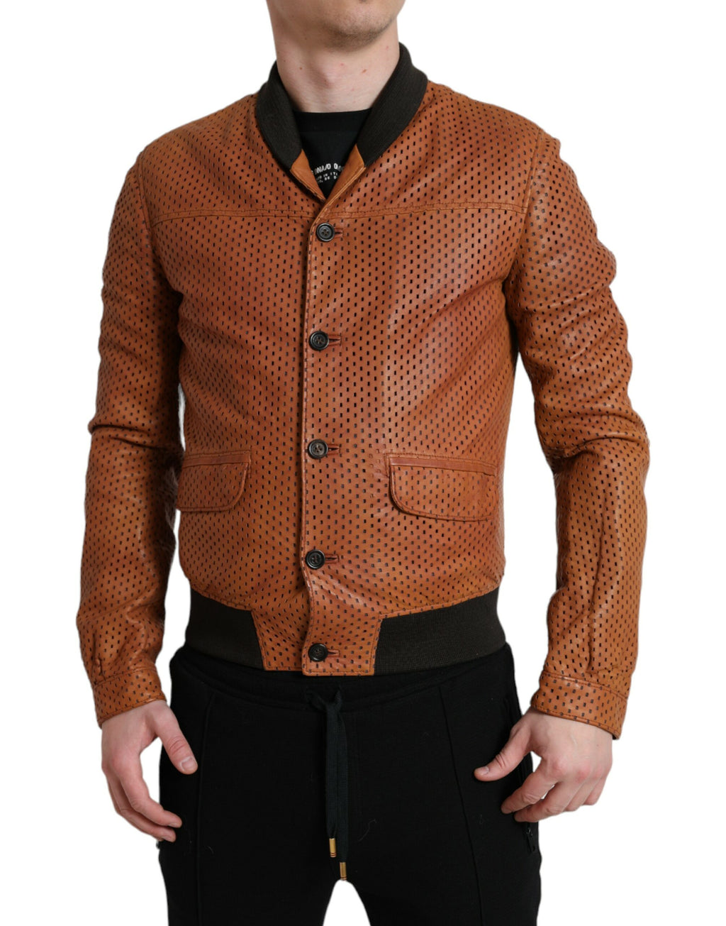 Veste en cuir de mouton perforée marron de Dolce & Gabbana, style élégant et sophistiqué, vue de face.