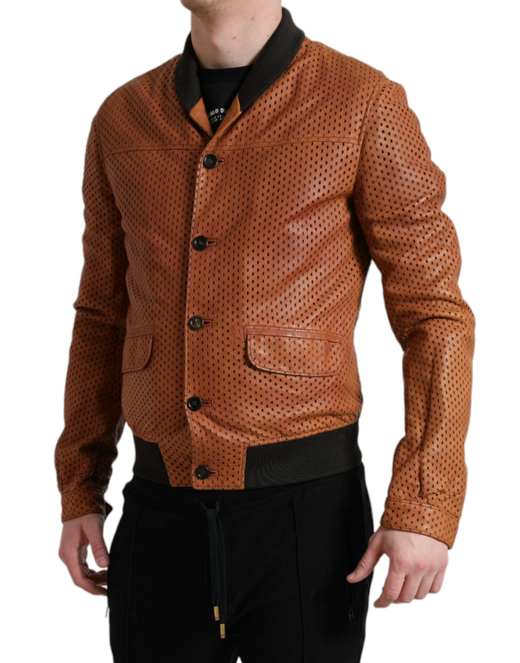 Veste en cuir d'agneau perforé marron de Dolce & Gabbana, style élégant et sophistiqué, visible détail du design.