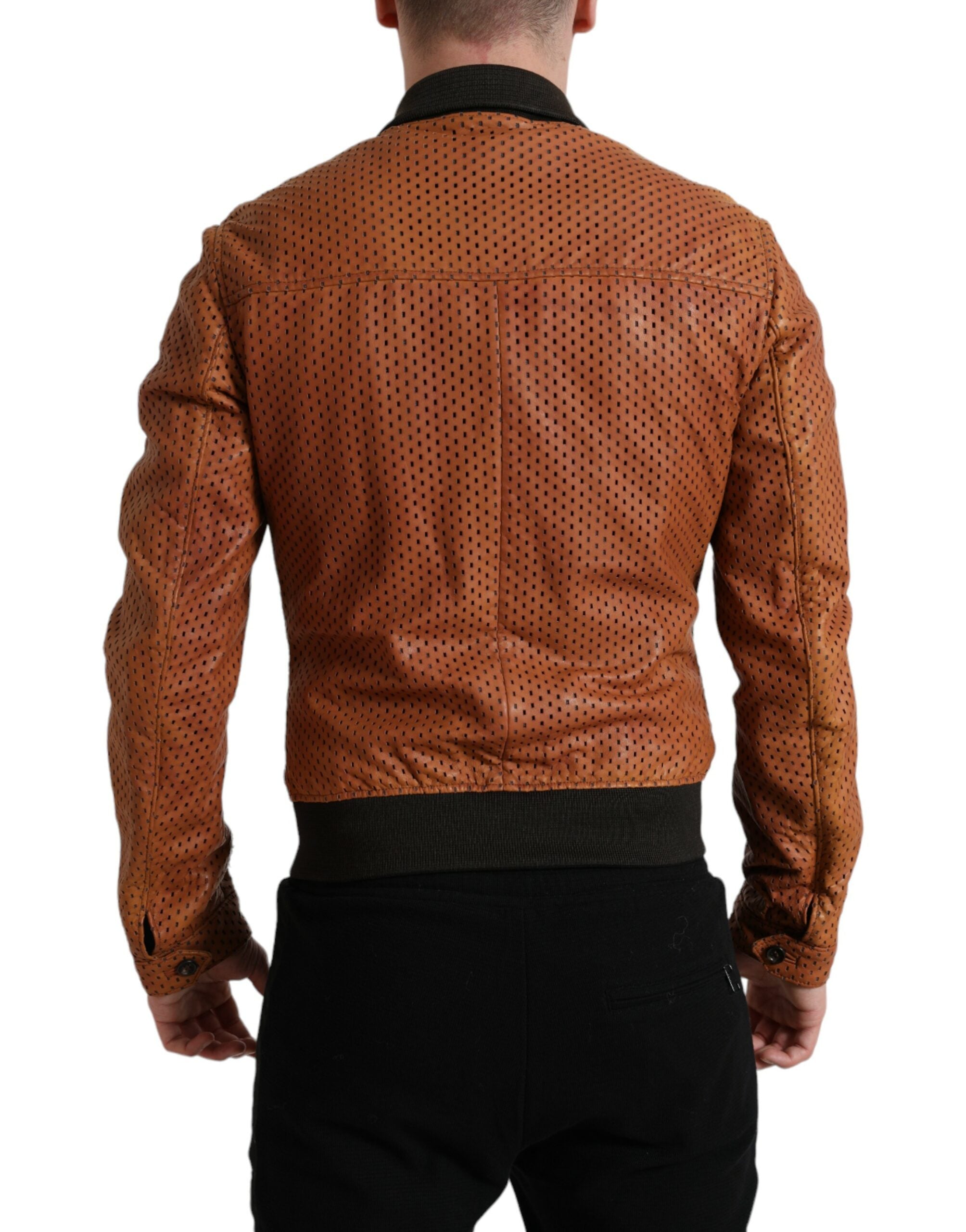 Veste en cuir d'agneau perforé marron Dolce & Gabbana, coupe élégante et détails raffinés.