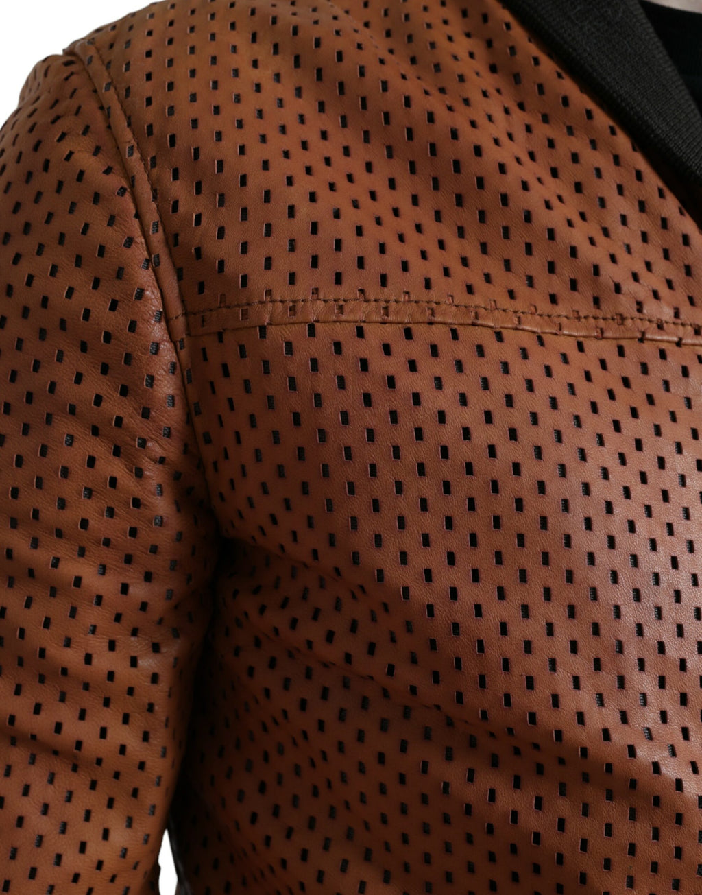 Veste en cuir d'agneau perforé marron de Dolce & Gabbana, design élégant avec détails sophistiqués.