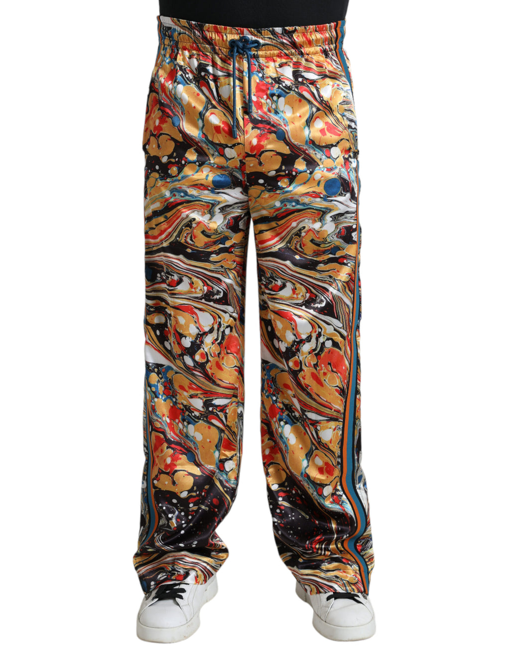 Pantalon en satin Dolce & Gabbana à imprimé marbre multicolore, style élégant et tendance.