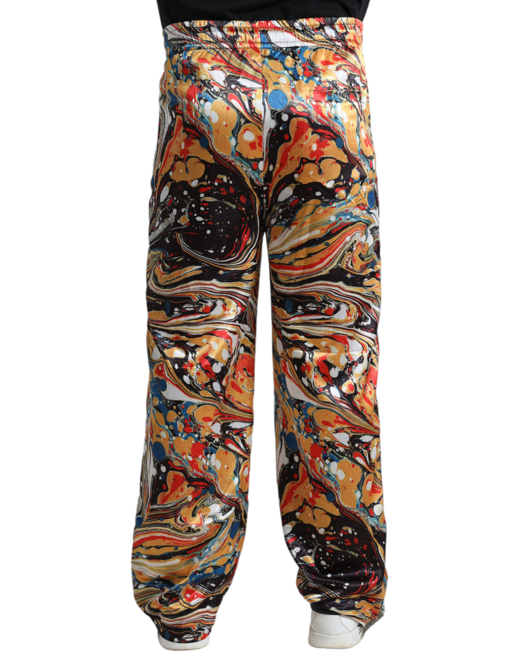 Pantalons en satin Dolce & Gabbana à motif marbre multicolore, style élégant et tendance.