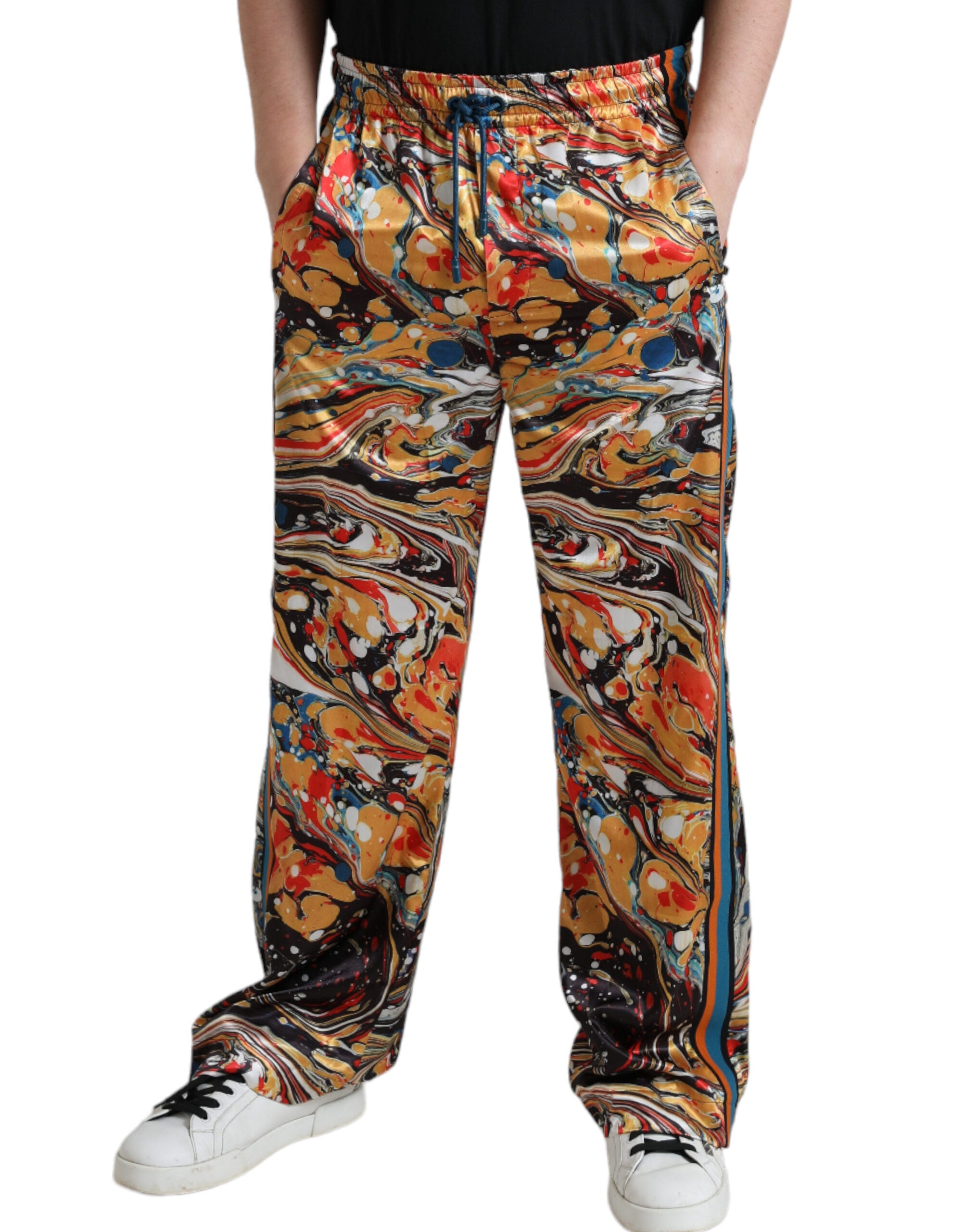Pantalon en satin Dolce & Gabbana à motif marbre multicolore, style élégant et moderne.