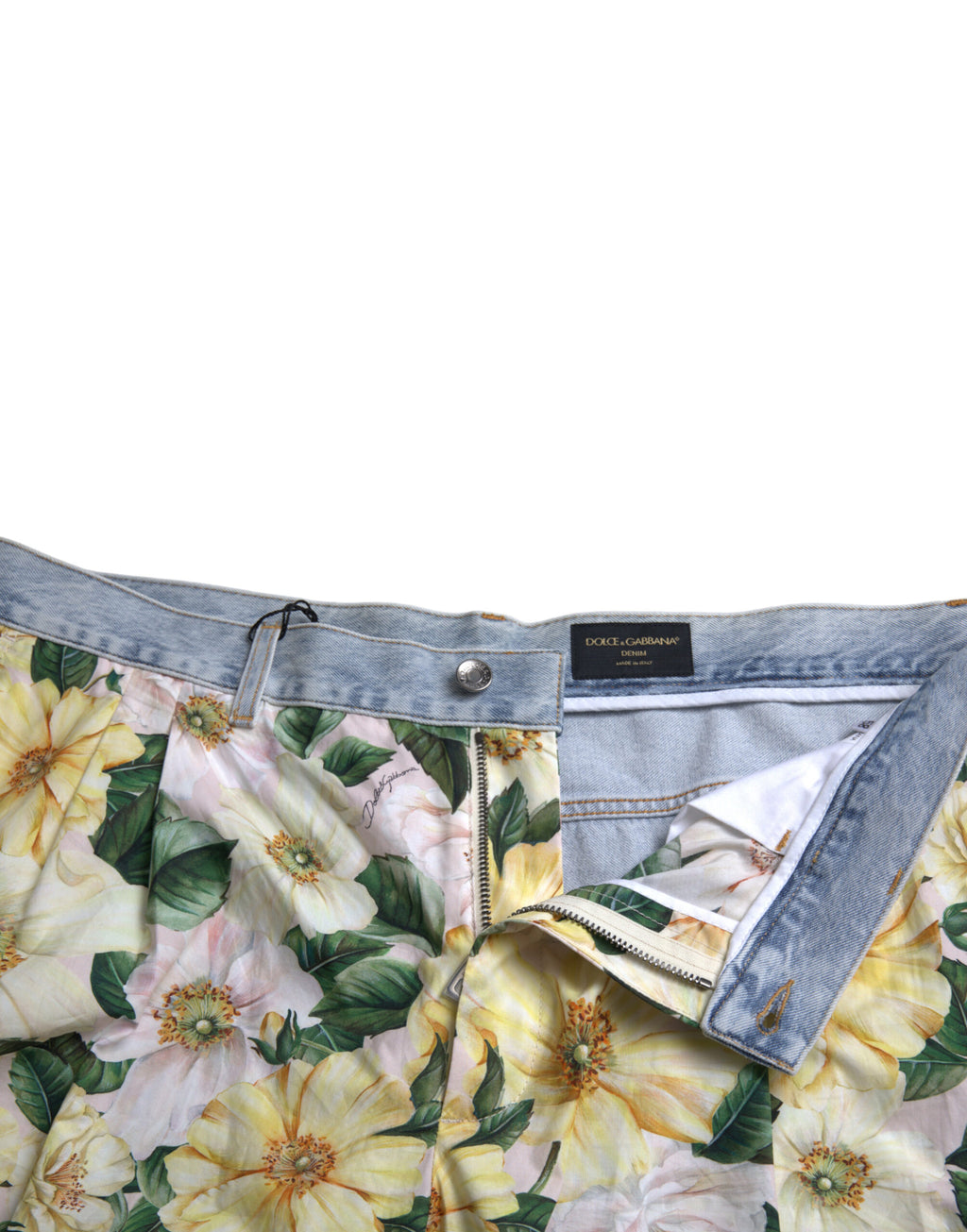 Shorts bermuda en jean Dolce & Gabbana à motif floral multicolore, denim avec imprimé floral vibrant.