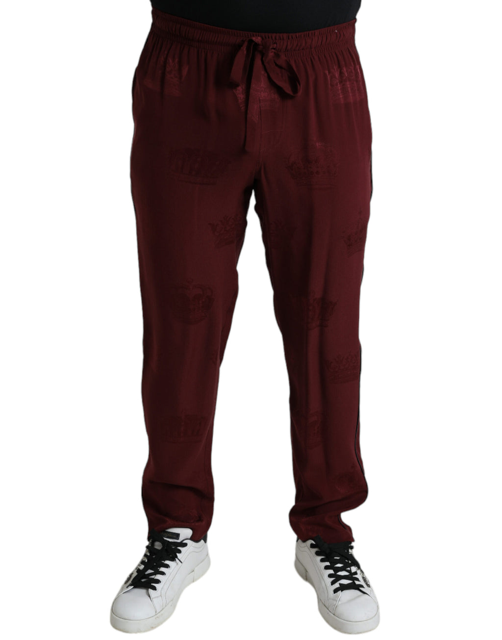 Pantalon de pyjama en soie rouge bivoie avec motif couronne Dolce & Gabbana, style élégant et confortable.