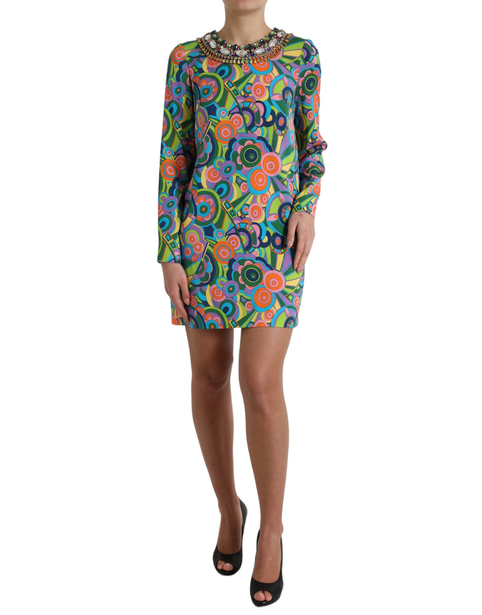 Robe midi en soie Dolce & Gabbana à motifs géométriques multicolores ornée de cristaux, élégante et sophistiquée.