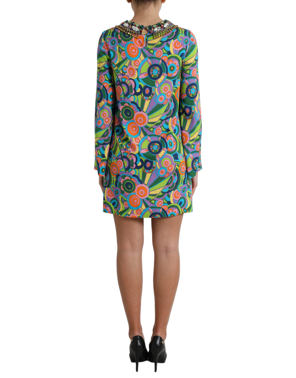 Robe midi en soie Dolce & Gabbana à imprimé géométrique multicolore et cristaux, vue de face.