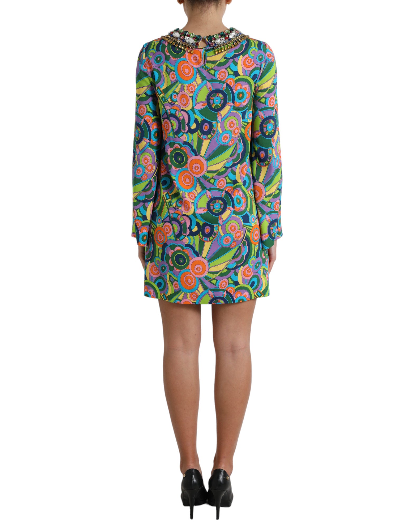 Robe midi en soie Dolce & Gabbana à imprimé géométrique multicolore et cristaux, vue de face.