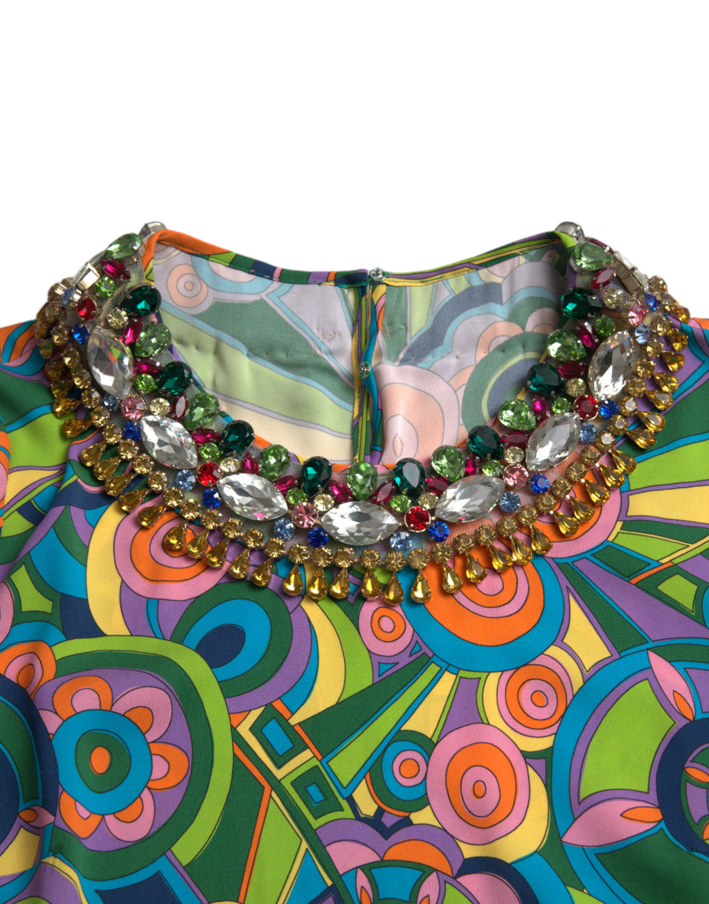 Robe midi en soie Dolce & Gabbana à imprimé géométrique multicolore avec cristaux, élégante et sophistiquée.