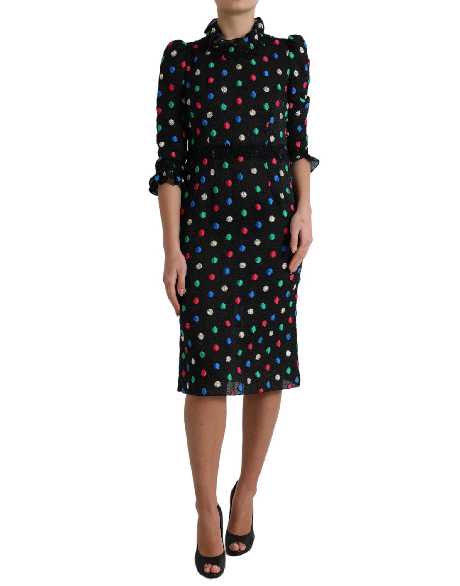 Robe midi noire à pois blancs Dolce & Gabbana en coton avec volants et détails élégants, parfait pour une tenue chic.
