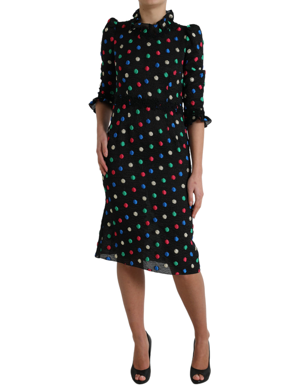 Robe midi en coton noir à pois blancs avec volants, signée Dolce & Gabbana, élégante et fluide.
