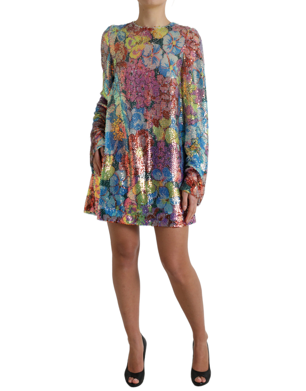 Robe courte Dolce & Gabbana à sequins multicolores avec motif floral, style shift, pour une allure élégante et glamour.