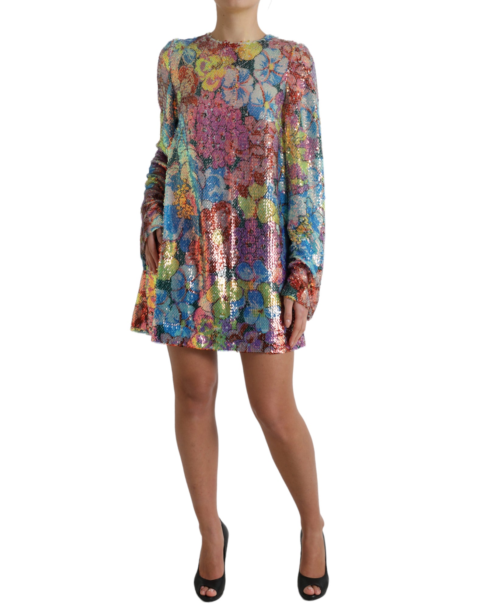 Robe courte Dolce & Gabbana à sequins multicolores avec motif floral, style shift, pour une allure élégante et glamour.