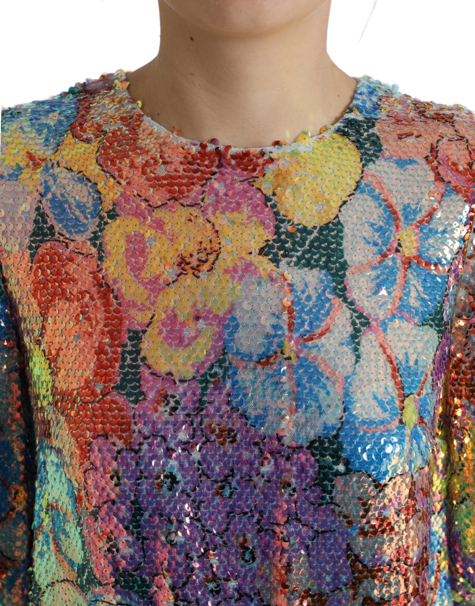 Robe courte Dolce & Gabbana à fleurs multicolores, ornée de sequins, style shift, vêtement de soirée élégant.