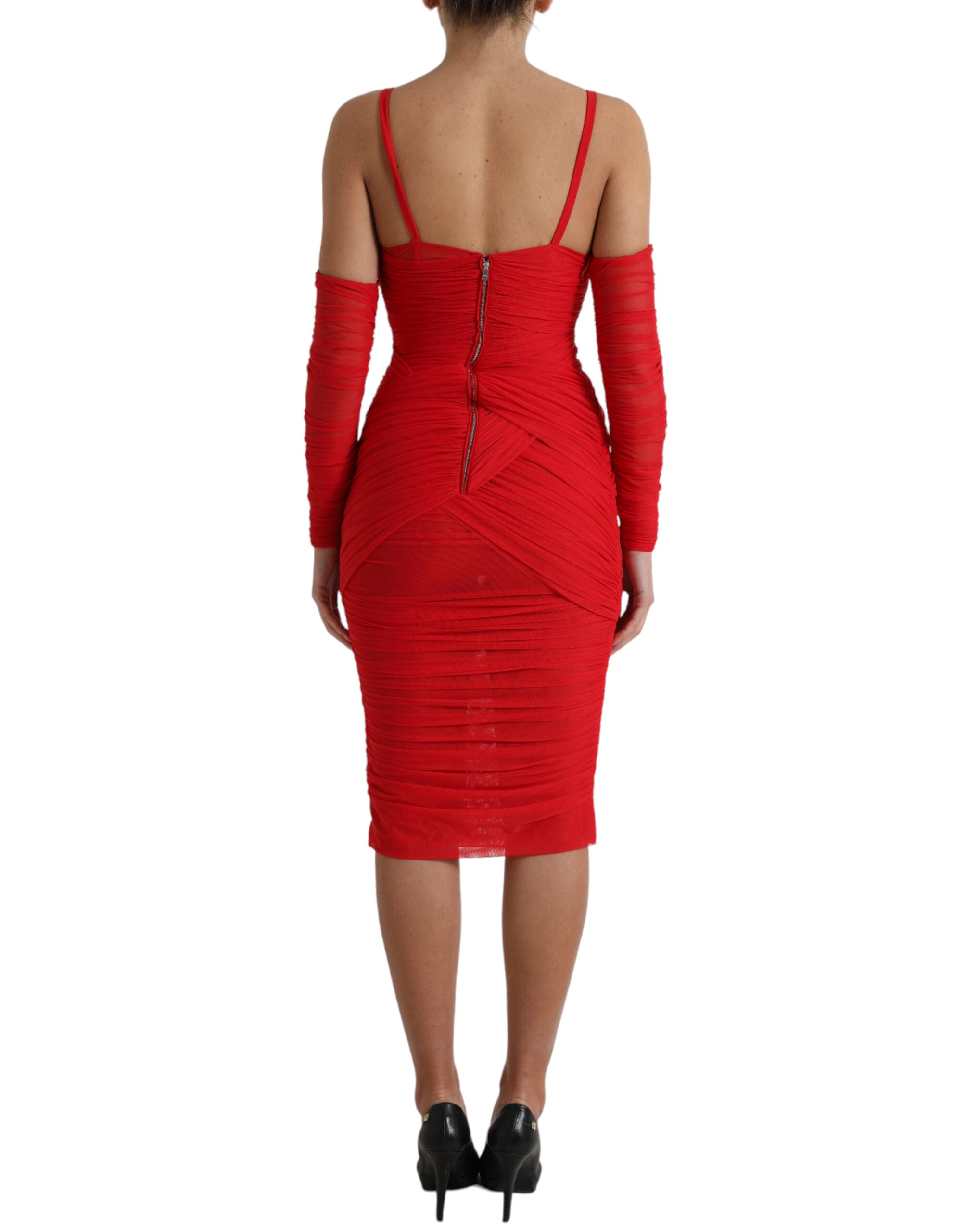 Robe midi en nylon rouge Dolce & Gabbana avec découpes, stretch et design élégant, vue de face sur fond blanc.