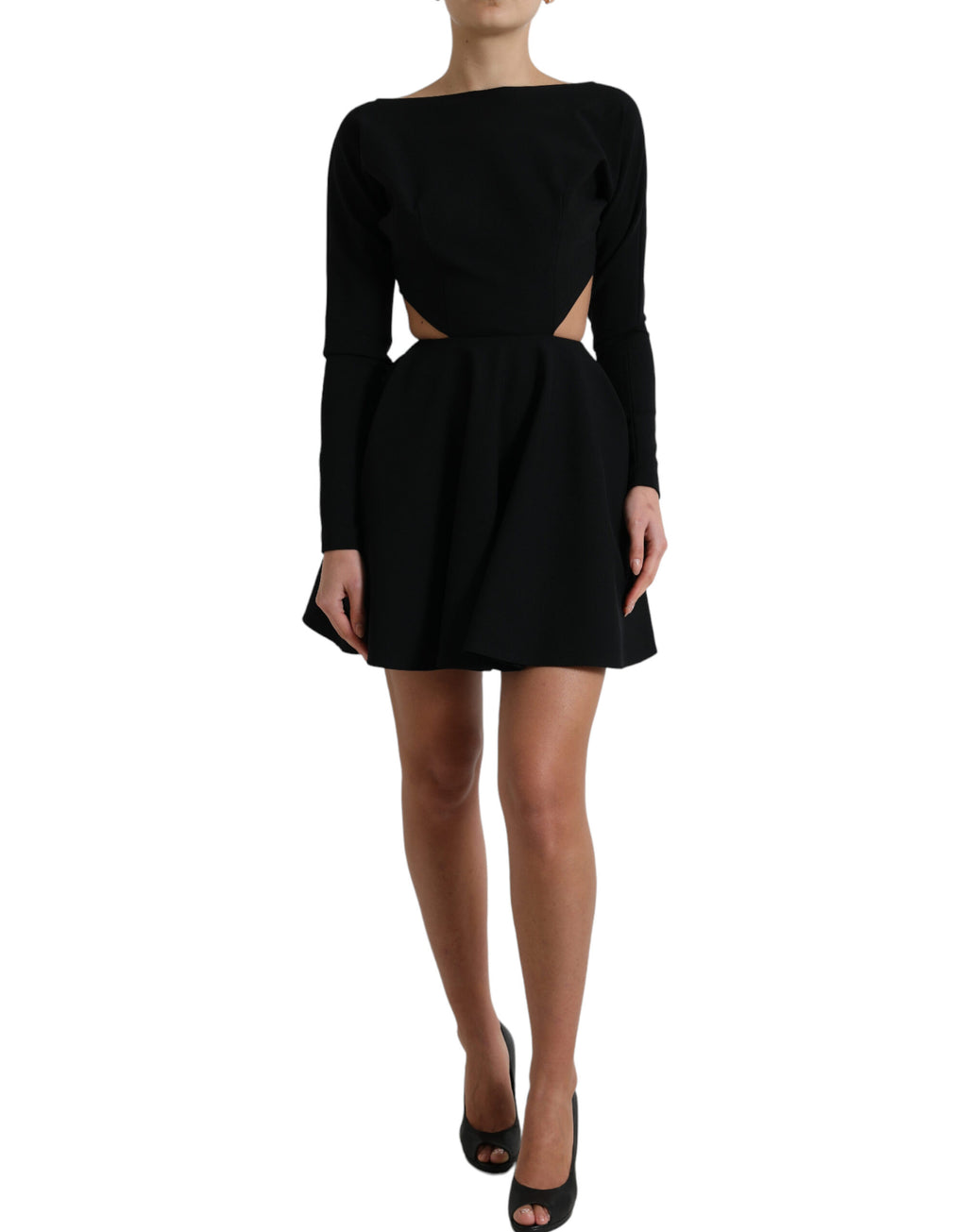Robe courte noire en viscose avec découpes et manches longues, style A-line Dolce & Gabbana, visible sur l'image.