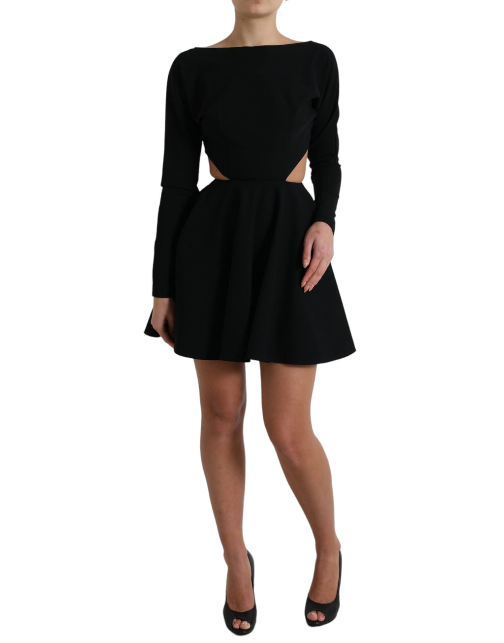 Robe courte noire en viscose Dolce & Gabbana avec découpes, manches longues et coupe en A élégante.