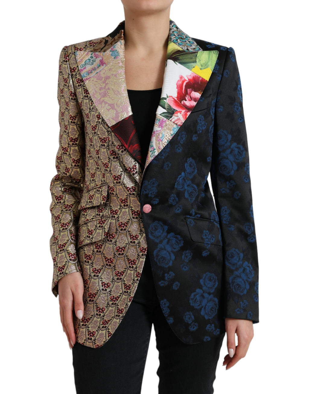 Veste en jacquard Dolce & Gabbana à patchwork floral multicolore, détails élégants et motifs floraux colorés.