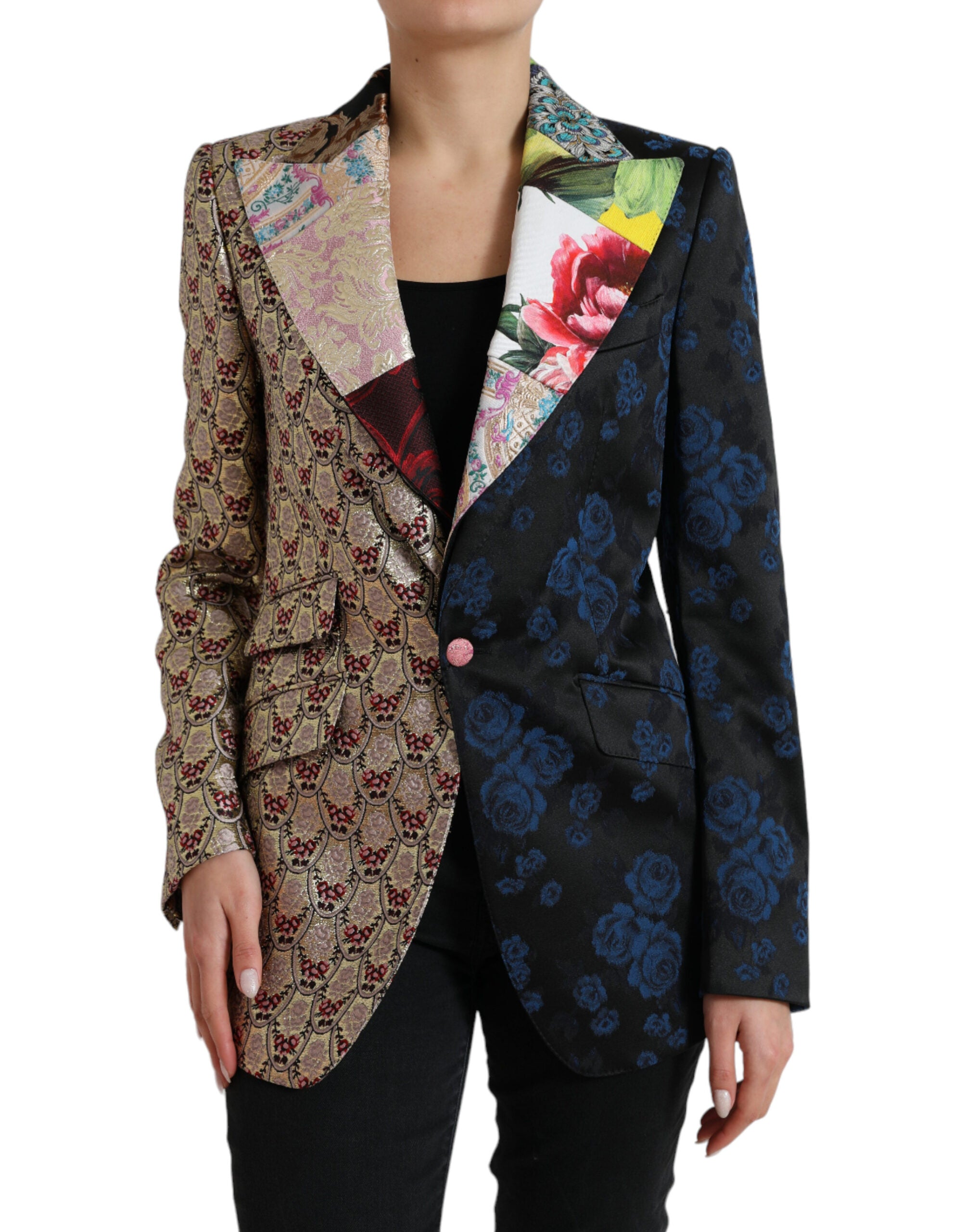 Veste en jacquard Dolce & Gabbana à patchwork floral multicolore, détails élégants et motifs floraux colorés.