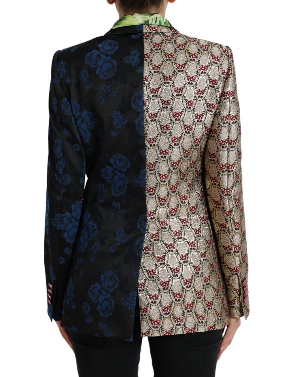 Veste en jacquard Dolce & Gabbana multicolore avec patchwork floral, tissu richement tissé, look élégant et sophistiqué.