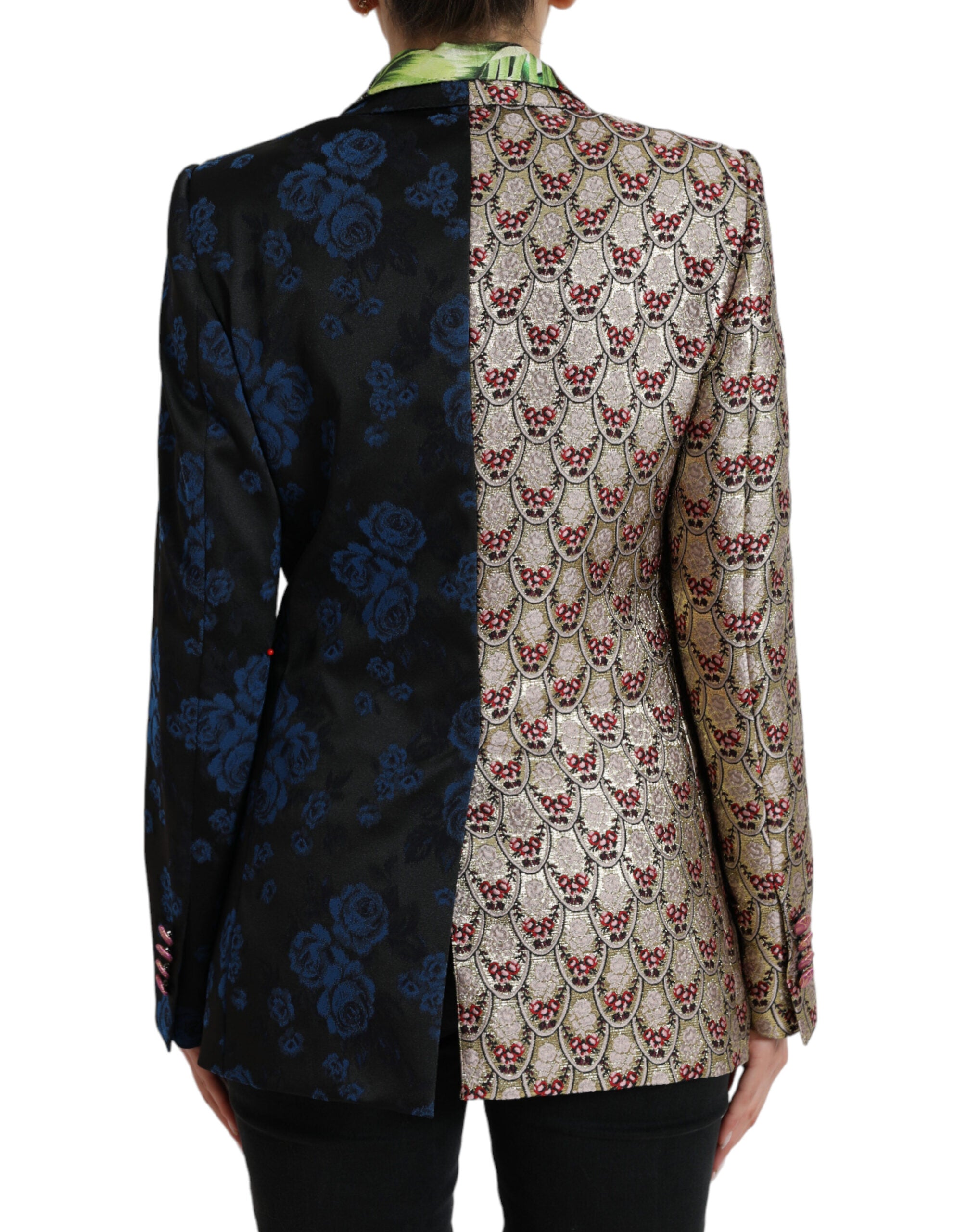 Veste en jacquard Dolce & Gabbana multicolore avec patchwork floral, tissu richement tissé, look élégant et sophistiqué.