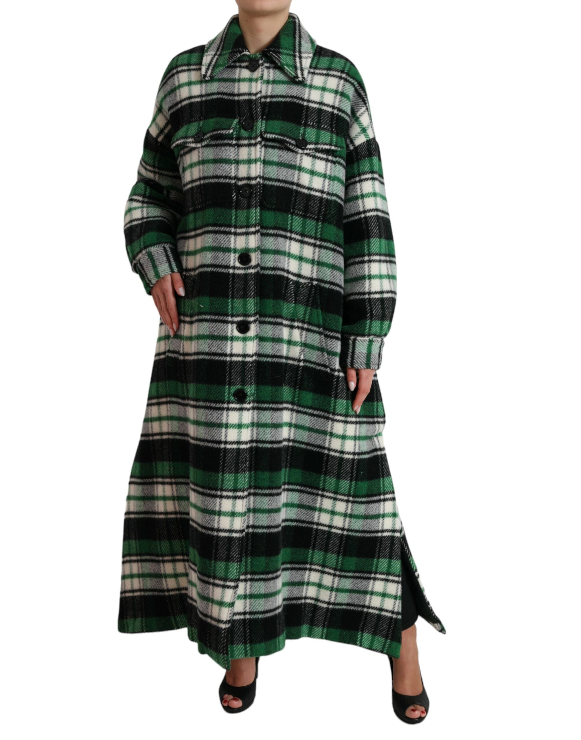 Veste longue décontractée à carreaux verts de Dolce & Gabbana avec manches longues et col, style casual élégant.
