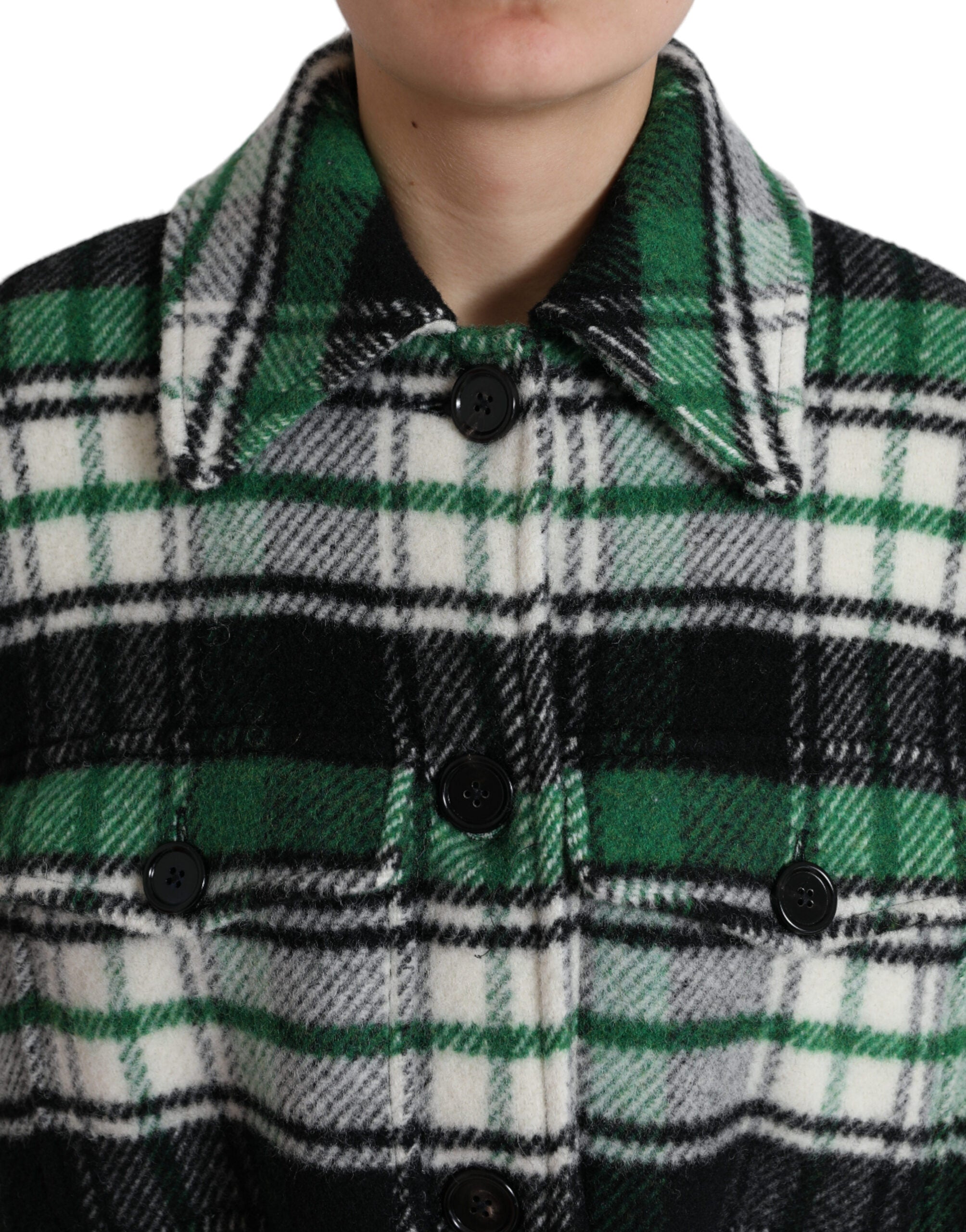 Manteau décontracté à manches longues Dolce & Gabbana à carreaux verts, style casual, porté sur un mannequin.