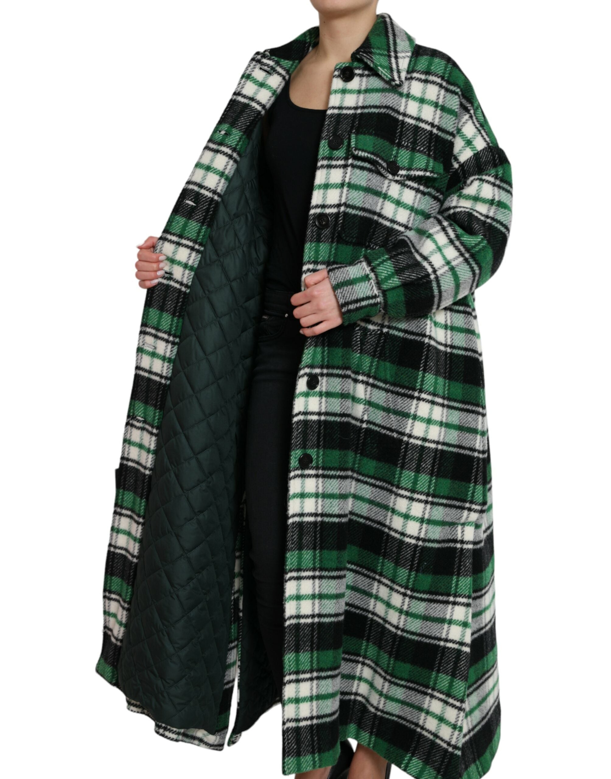 Veste longue décontractée à carreaux verts Dolce & Gabbana avec manches longues et col classique, en tissu léger et confortable.