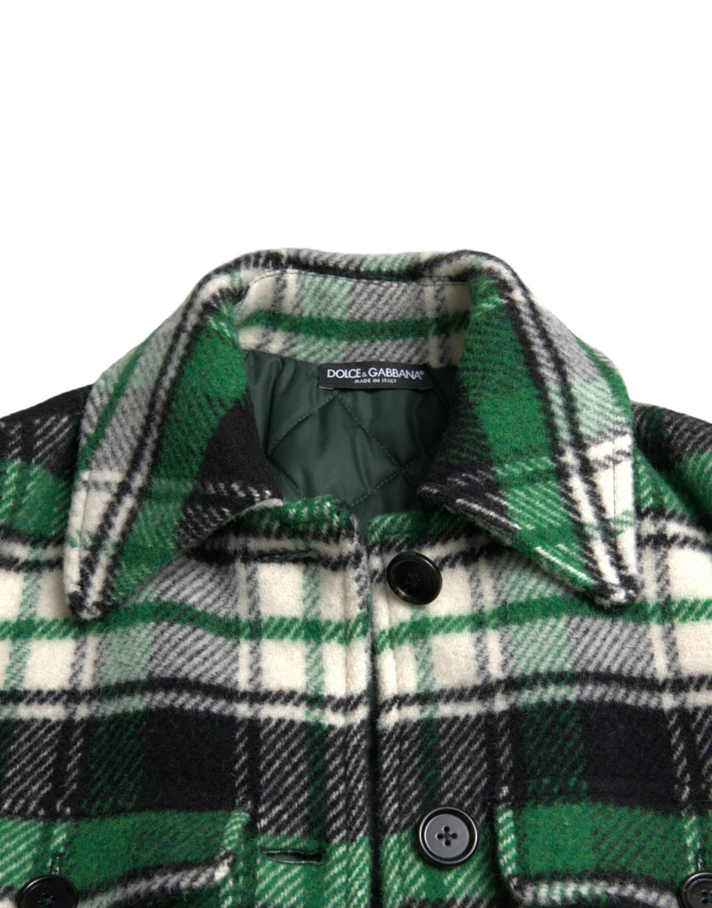 Veste longue à carreaux verts de Dolce & Gabbana, manteau décontracté à manches longues et style casual.