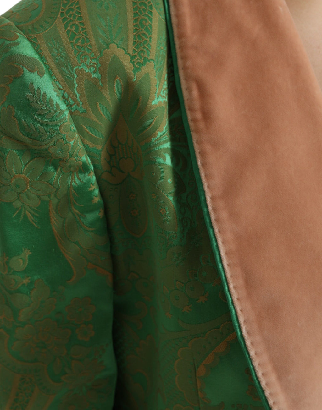 Manteau double boutonnage vert à fleurs Dolce & Gabbana, style élégant avec motif floral et détails sophistiqués.